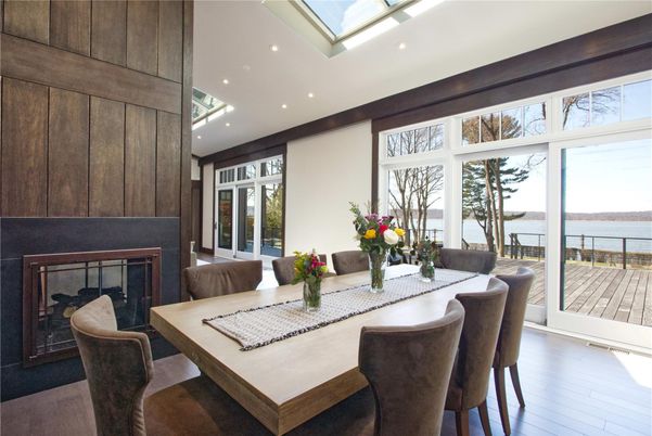 Dining room, Fireplace, Interior, Recessed Lighting, Water, Wood Texture Flooring