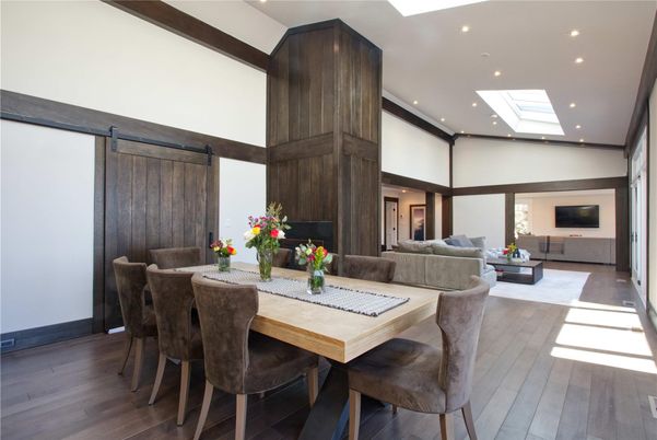Dining room, Interior, Living room, Recessed Lighting, Wood Texture Flooring