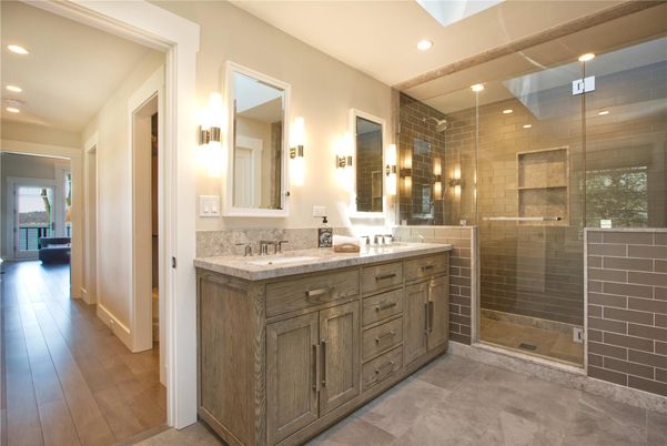 Bathroom, Dual Sink Vanities, Glass Shower, Interior, Recessed Lighting, Wood Texture Flooring