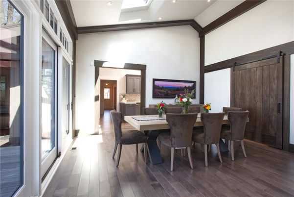 Dining room, Interior, Recessed Lighting, Wood Texture Flooring