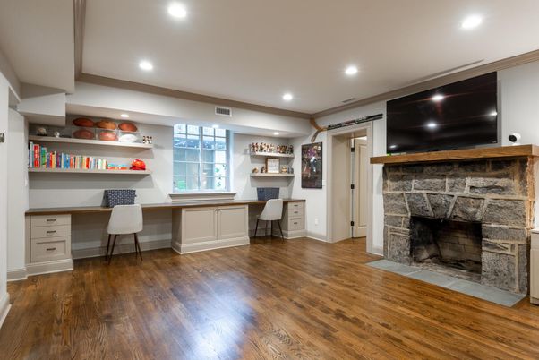 Fireplace, Home Office, Interior, Recessed Lighting, Wood Texture Flooring