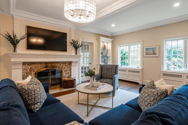 Chandelier, Fireplace, Interior, Living room, Recessed Lighting, Wood Texture Flooring