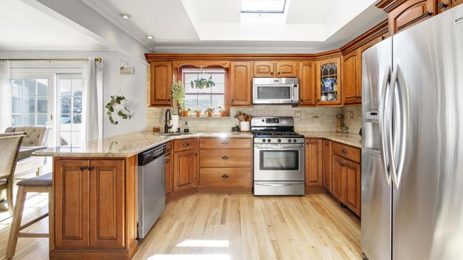 Interior, Kitchen, Recessed Lighting, Stainless Steel Appliances, Wood Texture Flooring