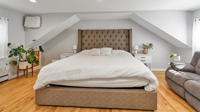 Bedroom, Interior, Recessed Lighting, Wood Texture Flooring