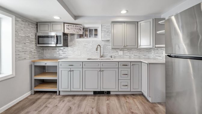 Interior, Kitchen, Recessed Lighting, Stainless Steel Appliances, Stone Walls, Wood Texture Flooring