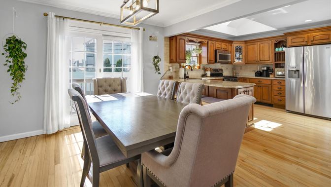 Dining room, Interior, Kitchen, Recessed Lighting, Stainless Steel Appliances, Wood Texture Flooring