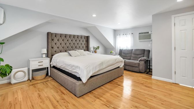 Bedroom, Interior, Recessed Lighting, Wood Texture Flooring