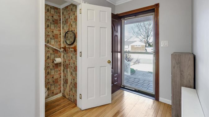 Bathroom, Interior, Stone Walls, Wood Texture Flooring