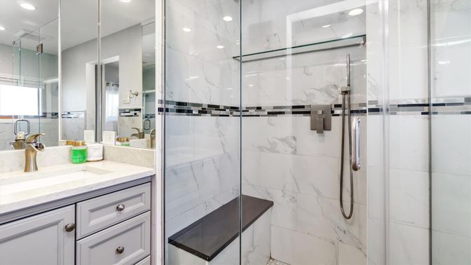 Bathroom, Glass Shower, Interior, Marble Walls, Recessed Lighting