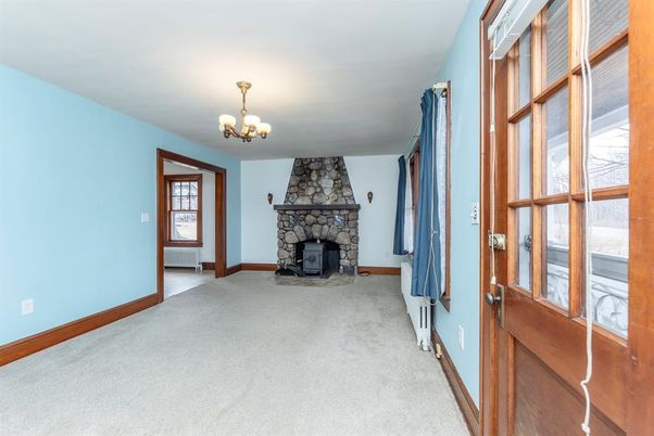 Chandelier, Empty room, Fireplace, Interior