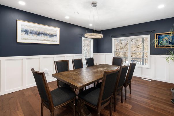 Dining room, Interior, Pendant Lights, Recessed Lighting, Wood Texture Flooring