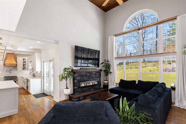 Fireplace, Interior, Kitchen, Living room, Recessed Lighting, Wooden Beams, Wooden Ceilings, Wood Texture Flooring