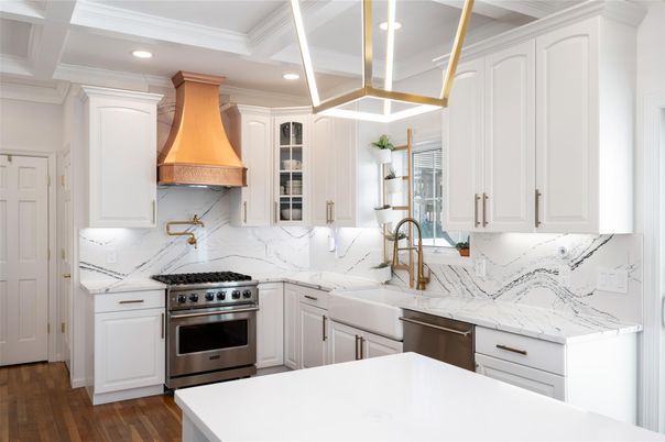 Interior, Kitchen, Marble Walls, Recessed Lighting, Stainless Steel Appliances, Wood Texture Flooring