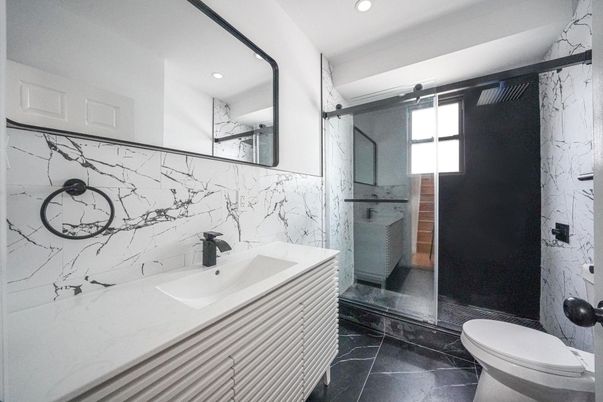 Bathroom, Glass Shower, Interior, Marble Walls, Recessed Lighting