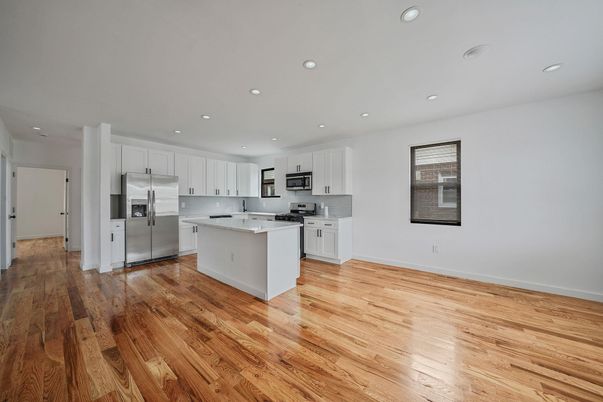 Interior, Kitchen, Recessed Lighting, Stainless Steel Appliances, Wood Texture Flooring