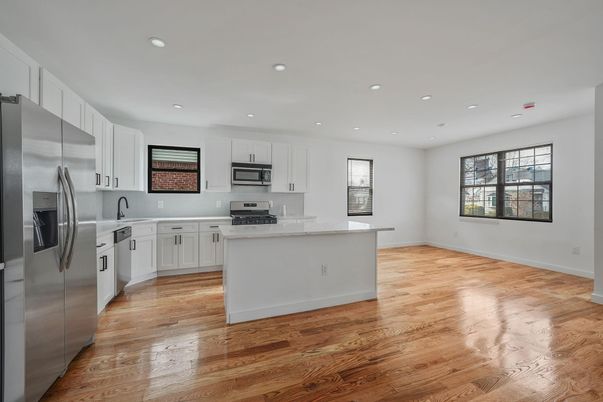 Interior, Kitchen, Recessed Lighting, Stainless Steel Appliances, Wood Texture Flooring