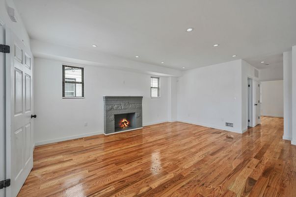 Empty room, Fireplace, Interior, Recessed Lighting, Wood Texture Flooring
