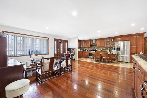 Dining room, Interior, Kitchen, Living room, Recessed Lighting, Stainless Steel Appliances, Wood Texture Flooring