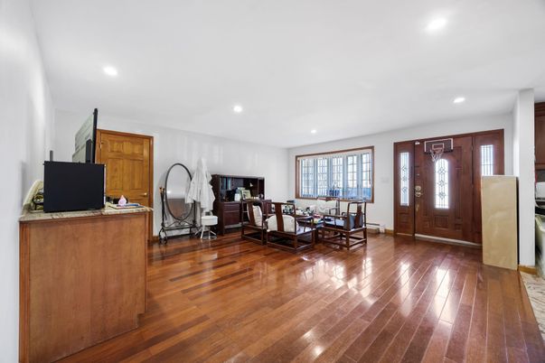 Dining room, Interior, Living room, Recessed Lighting, Wood Texture Flooring