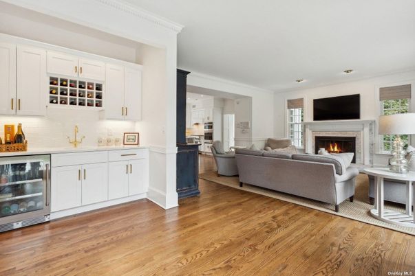Fireplace, Interior, Kitchen, Living room, Recessed Lighting, Wood Texture Flooring