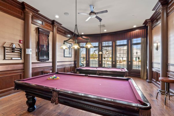 Billiard Table, Game Room, Interior, Pendant Lights, Recessed Lighting, Wood Texture Flooring