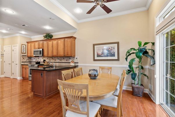 Dining room, Interior, Kitchen, Recessed Lighting, Stainless Steel Appliances, Wood Texture Flooring
