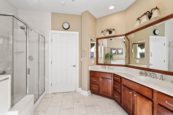 Bathroom, Dual Sink Vanities, Glass Shower, Interior, Marble, Recessed Lighting
