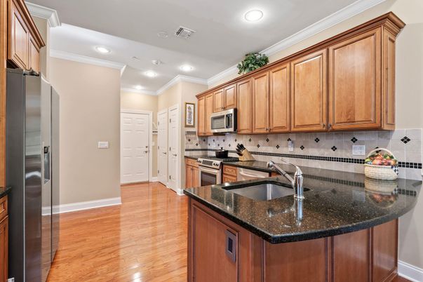 Interior, Kitchen, Recessed Lighting, Stainless Steel Appliances, Wood Texture Flooring