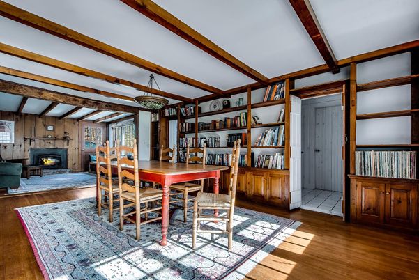 Dining room, Fireplace, Interior, Wooden Beams, Wood Texture Flooring