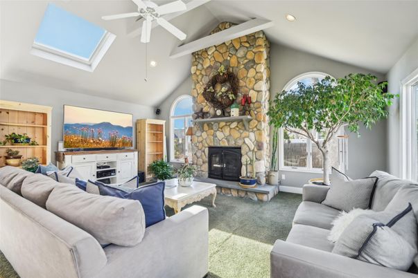 Fireplace, Interior, Living room, Recessed Lighting, Stone Walls