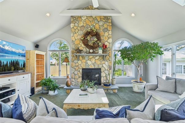 Fireplace, Interior, Living room, Recessed Lighting, Stone Walls