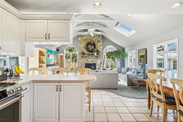 Fireplace, Interior, Kitchen, Living room, Recessed Lighting, Stone Walls