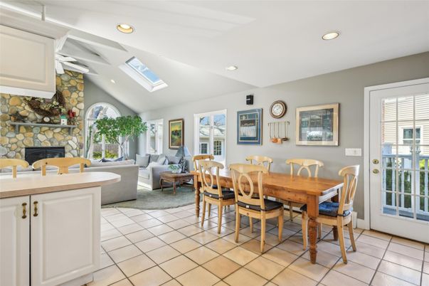 Dining room, Fireplace, Interior, Living room, Recessed Lighting, Stone Walls