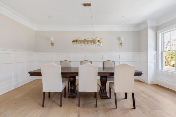 Dining room, Interior, Pendant Lights, Recessed Lighting, Wood Texture Flooring