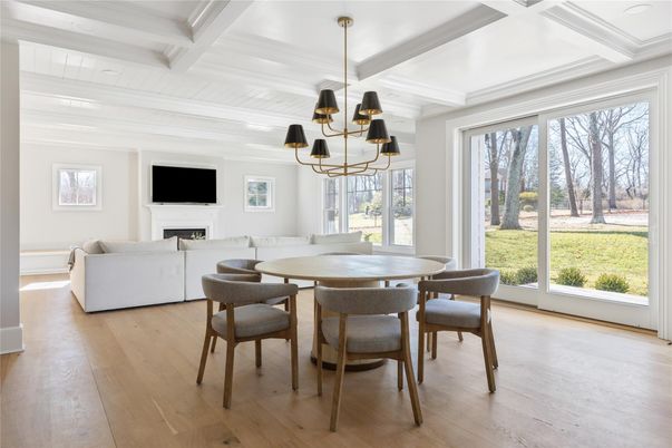 Dining room, Fireplace, Interior, Living room, Pendant Lights, Wood Texture Flooring
