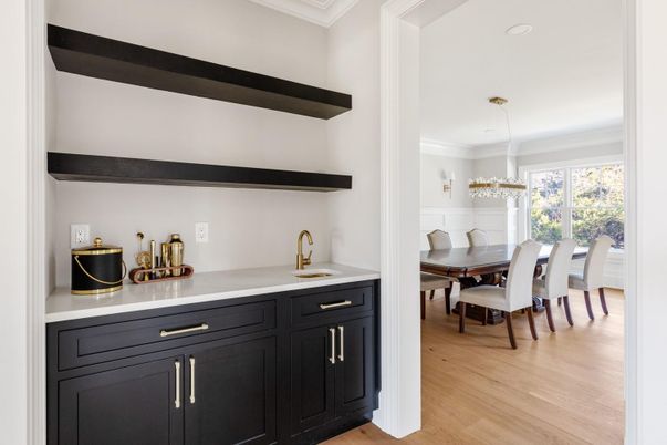 Dining room, Interior, Pendant Lights, Recessed Lighting, Wood Texture Flooring