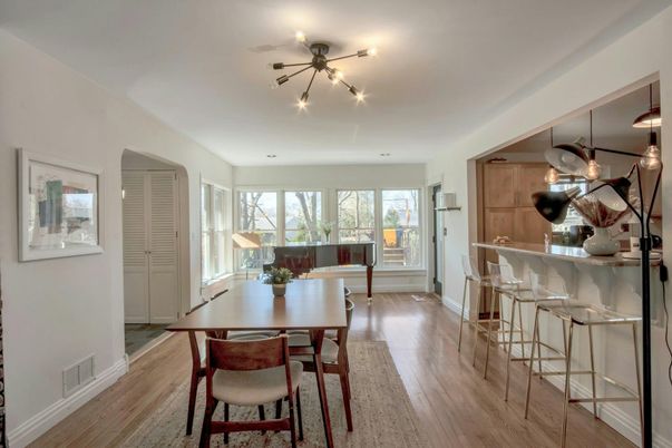 Dining room, Interior, Pendant Lights, Piano, Wood Texture Flooring