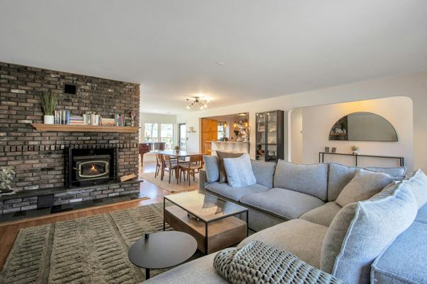 Dining room, Fireplace, Interior, Living room, Stone Walls, Wood Texture Flooring