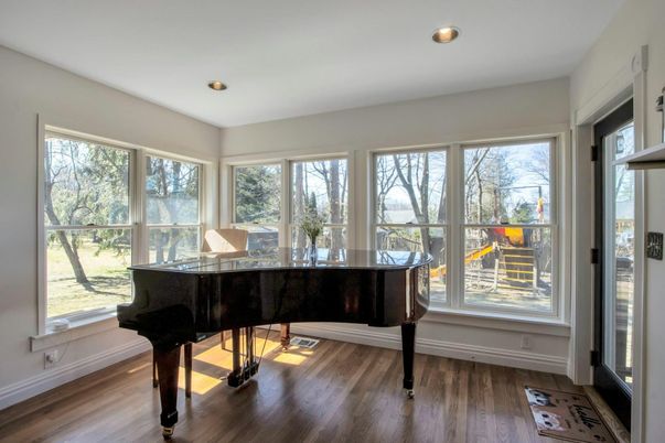 Home Office, Interior, Piano, Recessed Lighting, Wood Texture Flooring