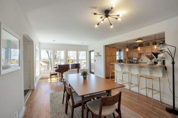 Dining room, Interior, Kitchen, Pendant Lights, Piano, Wood Texture Flooring