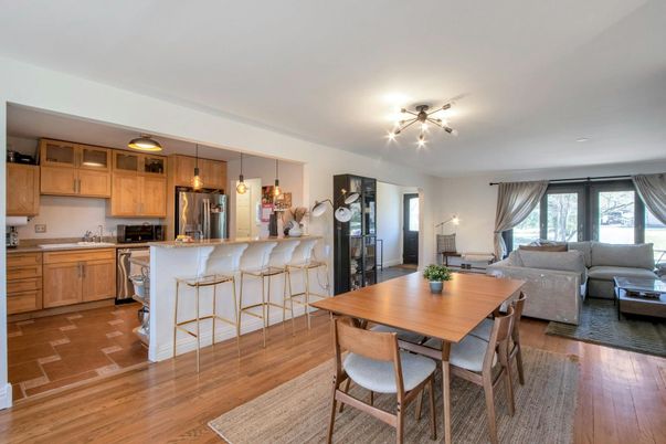 Dining room, Interior, Kitchen, Living room, Pendant Lights, Stainless Steel Appliances, Wood Texture Flooring