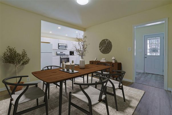 Dining room, Interior, Kitchen, Recessed Lighting, Stainless Steel Appliances, Wood Texture Flooring