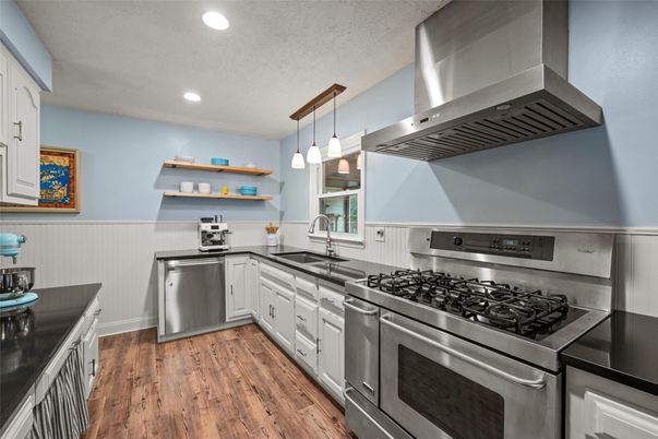 Interior, Kitchen, Pendant Lights, Recessed Lighting, Stainless Steel Appliances, Wood Texture Flooring