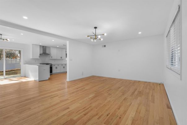 Empty room, Interior, Kitchen, Pendant Lights, Recessed Lighting, Wood Texture Flooring