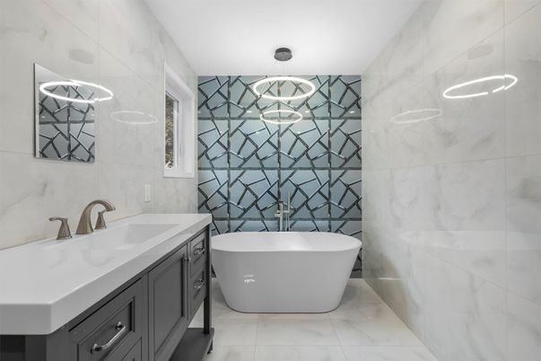 Bathroom, Dual Sink Vanities, Free Standing Baths, Interior, Marble, Marble Walls, Pendant Lights