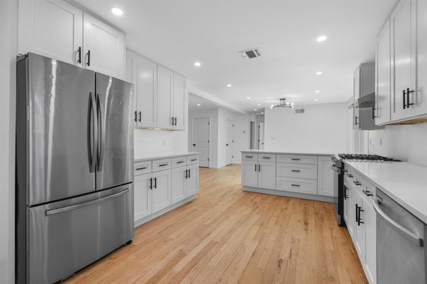 Interior, Kitchen, Recessed Lighting, Stainless Steel Appliances, Wood Texture Flooring