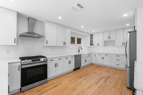 Interior, Kitchen, Recessed Lighting, Stainless Steel Appliances, Wood Texture Flooring