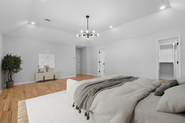 Bedroom, Interior, Pendant Lights, Recessed Lighting, Wood Texture Flooring