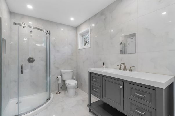 Bathroom, Glass Shower, Interior, Marble Walls, Recessed Lighting