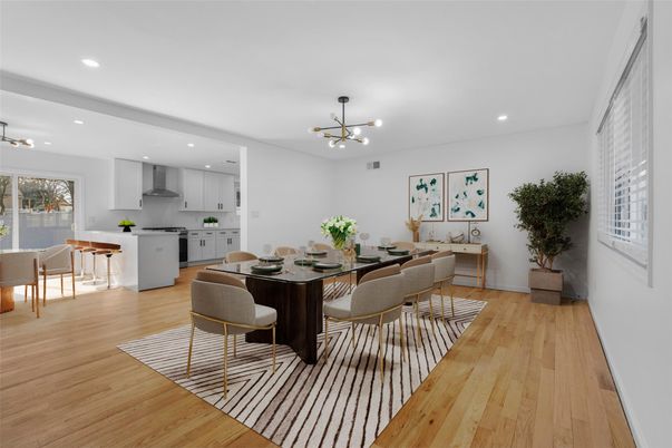 Dining room, Interior, Kitchen, Pendant Lights, Recessed Lighting, Wood Texture Flooring